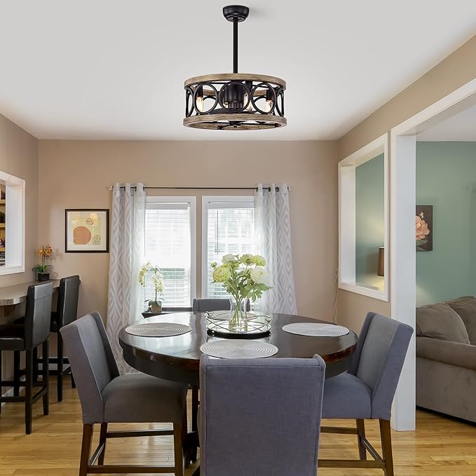 Catrin Wood Grain Ceiling Fan 21-Inch 4-Light Open Metal Drum Shade (Includes Remote)