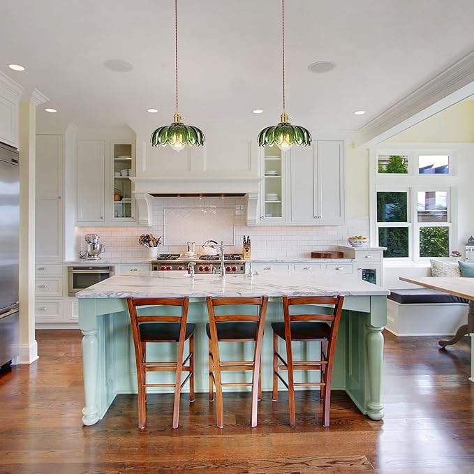 Plug in Hanging Light Fixture, Kitchen Pendant Lighting Glass Pendant Light, Green Pendant Lights for Kitchen Island, Bedroom, Dining Room, Living Room, E26 No Bulb