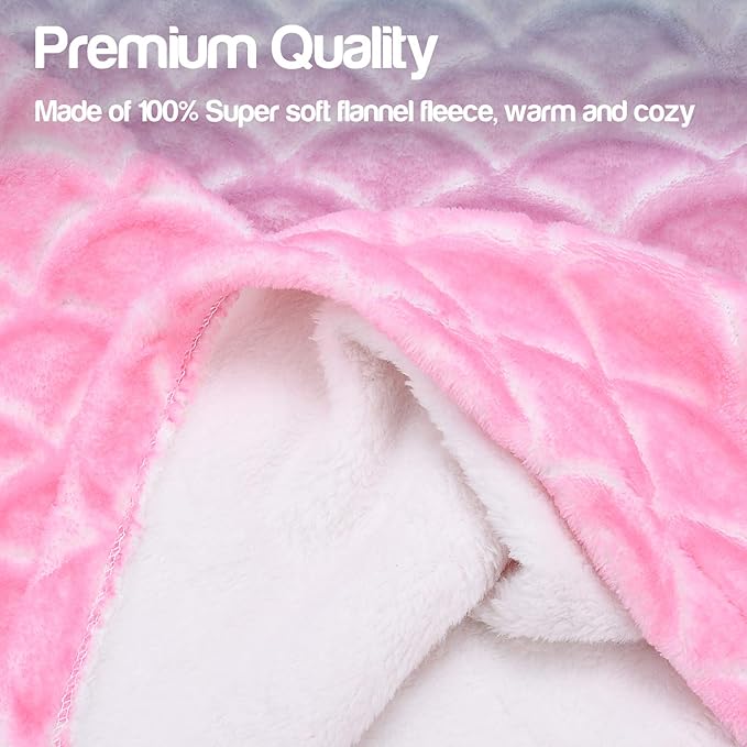 Catalonia Kids Mermaid Tail Blanket, Super Soft Plush Flannel Sleeping Snuggle Blanket for Girls, Rainbow Ombre, Birthday Gift for Daughter