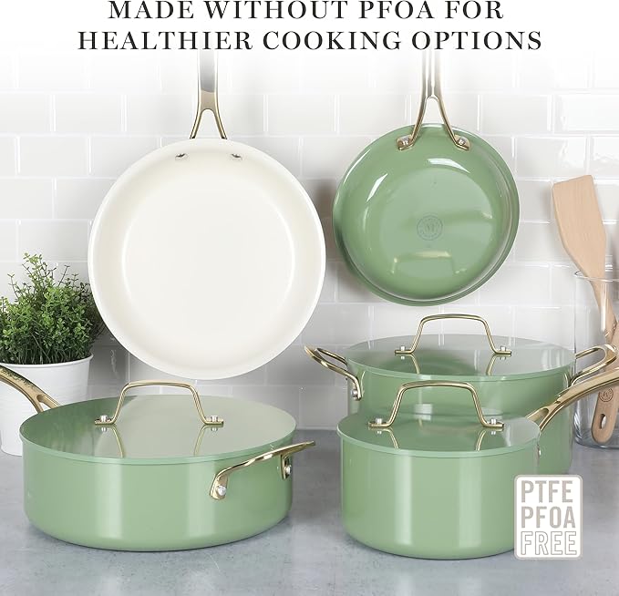 Martha Stewart Galway Premium Nonstick PFA Free Ceramic Interior 10 Piece Heavy Gauge Enamel Aluminum Pots and Pans Cookware Set W/Aluminum Lids - Sage Green W/Gold Handle