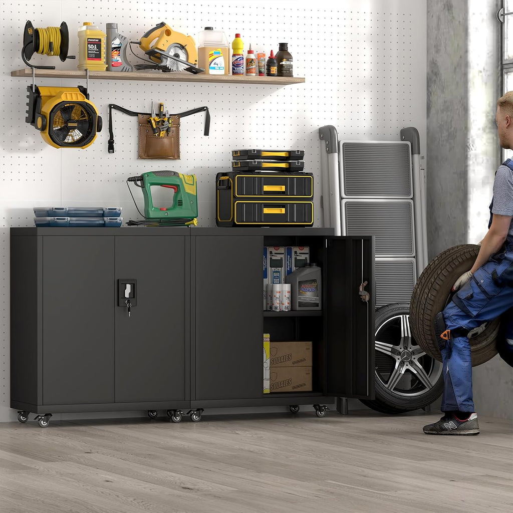 Metal Storage Cabinet with Wheels,Lockable Steel Rolling Storage Cabinet with 2 Doors for Garage,Home Office,Assembly Required,Black
