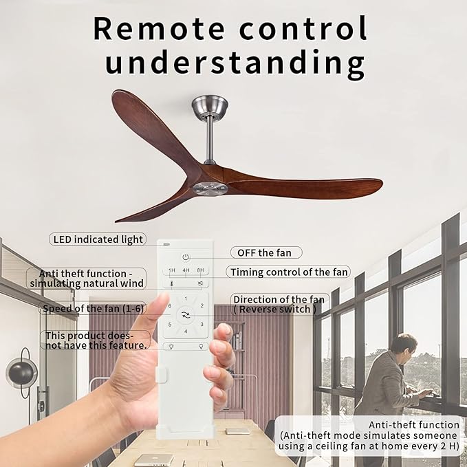 Bigzone 60" Ceiling Fan No Light, Energy Efficient DC Motor, 3 Brown Solid Wood Blades, Wood Ceiling Fan with Remote Control,Brushed Nickel Ceiling Fan With Reversible Blades