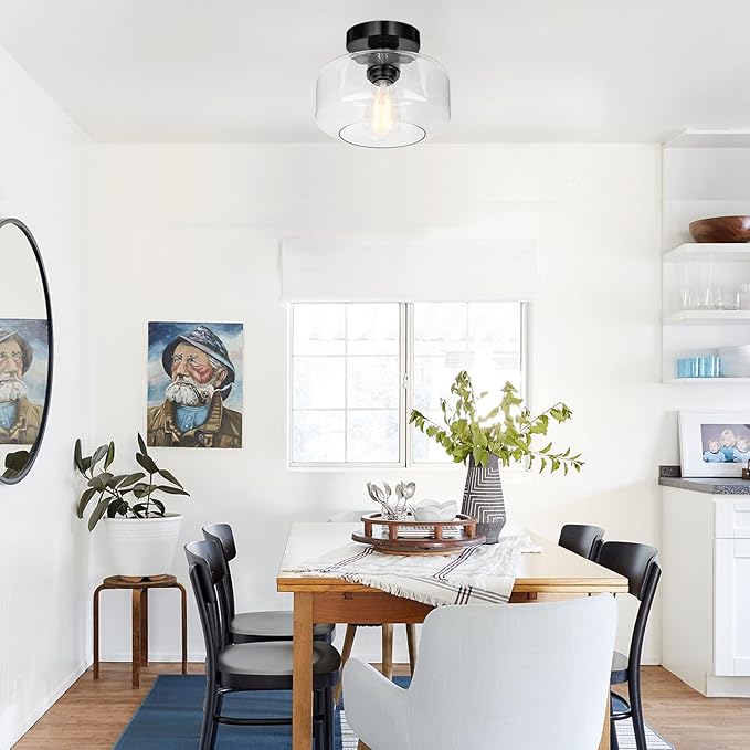 Industrial Semi Flush Mount Ceiling Light Black Chrome, 800 Lumen LED Bulb Included, Clear Glass Shade Ceiling Light Fixture, Farmhouse Light Fixture for Hallway Corridor Kitchen Bathroom