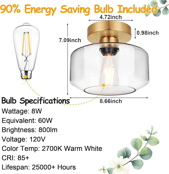 Industrial Semi Flush Mount Ceiling Light Brushed Gold, 800 Lumen LED Bulb Included, Clear Glass Shade Ceiling Light Fixture, Light Fixture for Hallway Bathroom Bedroom, Vintage Hanging Light Fixtures