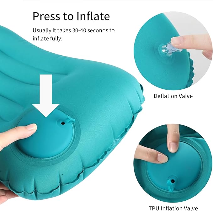 Ultralight Inflatable Travel Pillow Press to Inflate Compressible Ergonomic Neck and Lumbar Support While Camping Driving Sleeping Peacock Blue