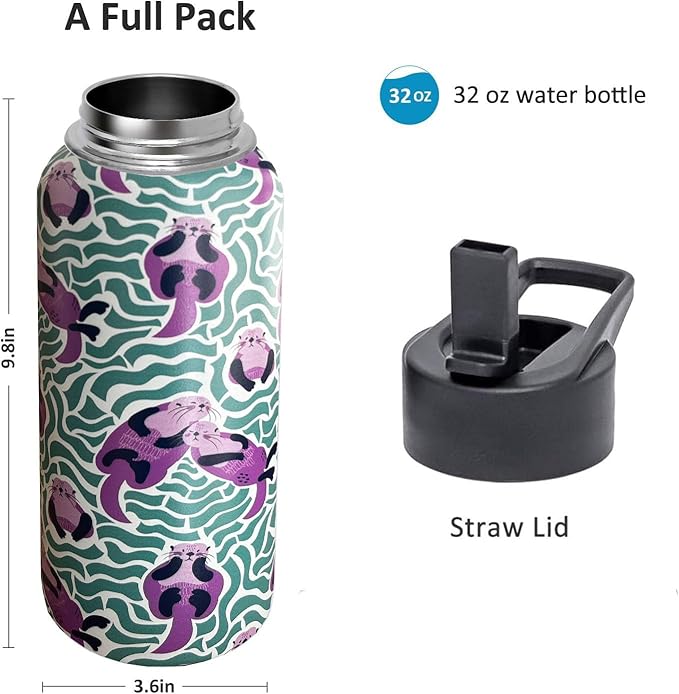 32 oz Sea Otter Water Bottle Insulated Vacuum Stainless Steel Sports Water Bottle with 2 Lids (Straw and Spout Lid) for Gym Camping Hiking