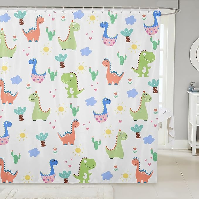 Feelyou Dinosaur Bath Curtain Cute Dinosaur Kids Boys Girls Shower Curtain Cartoon Dinosaur Bathroom Shower Curtain Set Dinosaur Print Kids Bathroom Accessories 72"x72"