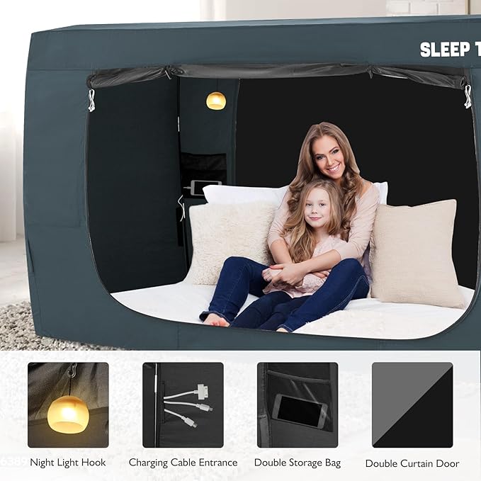 BORNA Bed Tent Queen Bed Canopy for Indoor Portable Light Reducing Sleeping Canopy for Kids and Adult,Bunk Blackout Tents Breathable Privacy Space Tent Mosquito Netting for Bed(Navy Blue)