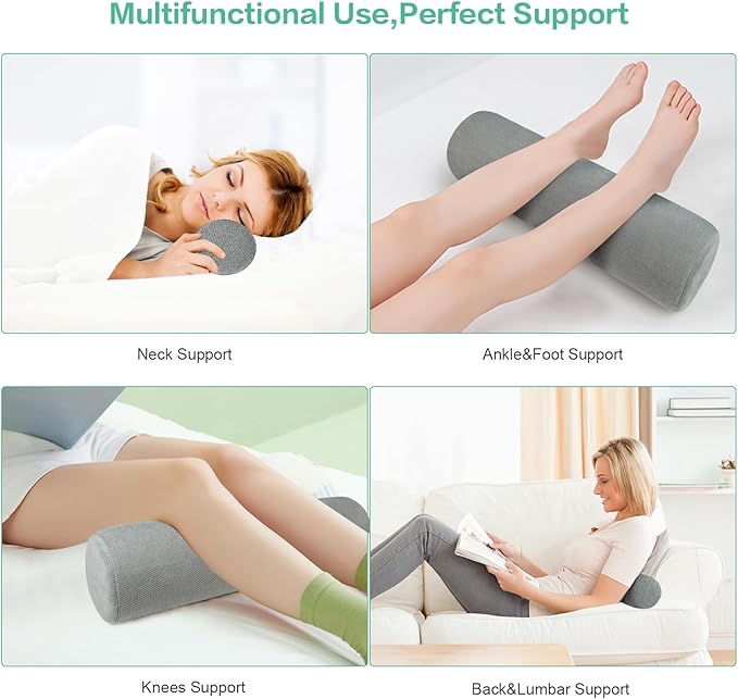 Cervical Neck Roll Foam Pillow, Round Neck Support for Sleeping, Bolster Pillow for Bed, Legs, Back and Yoga, Removable Washable Cover, 4.7 Inch Diameter x 17 Inches Long (Grey)