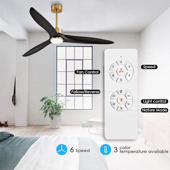 WINGBO Ceiling Fan, 60 Inch DC, 3 Wood Blades, Brass Finish, Remote Control, Reversible, LED Light, ETL Listed