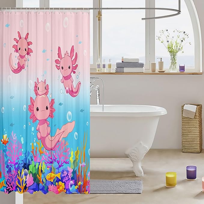 Feelyou Boys Girls Cute Axolotl Bath Curtain Ocean Sealife Shower Curtain Kids Cartoon Salamander Bathroom Shower Curtain Set Kawaii Teens Bathroom Accessories Room Decor 72"x72"