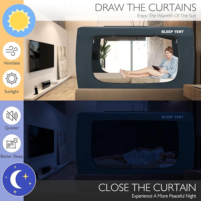 BORNA Bed Tent Twin Bed Canopy for Indoor Portable Light Reducing Sleeping Canopy for Kids and Adult,Bunk Blackout Tents Breathable Privacy Space Tent Mosquito Netting for Bed(Navy Blue)