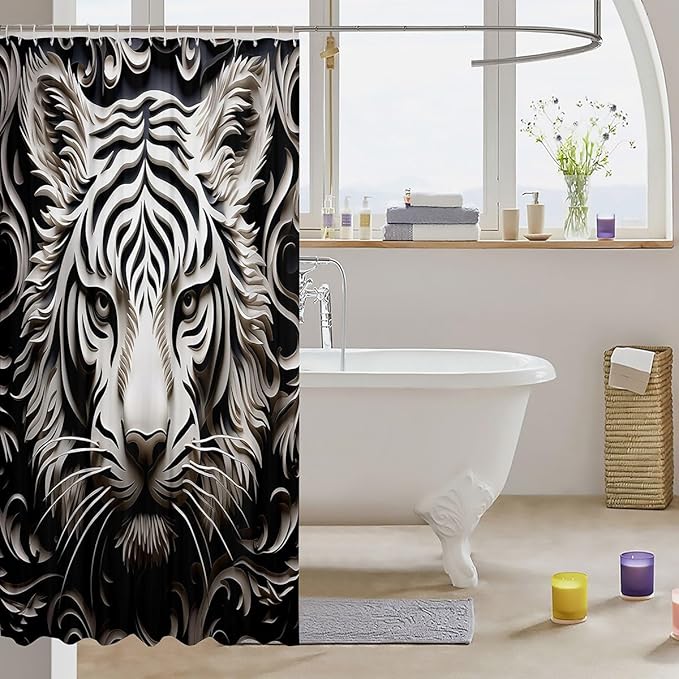 Feelyou Leopard Fabric Shower Curtain for Girls Boys Adult Damask Leopard Bathroom Waterproof Accessories with 12 Hooks Black White Shower Curtain Animal Print Curtains,72x78 Inches