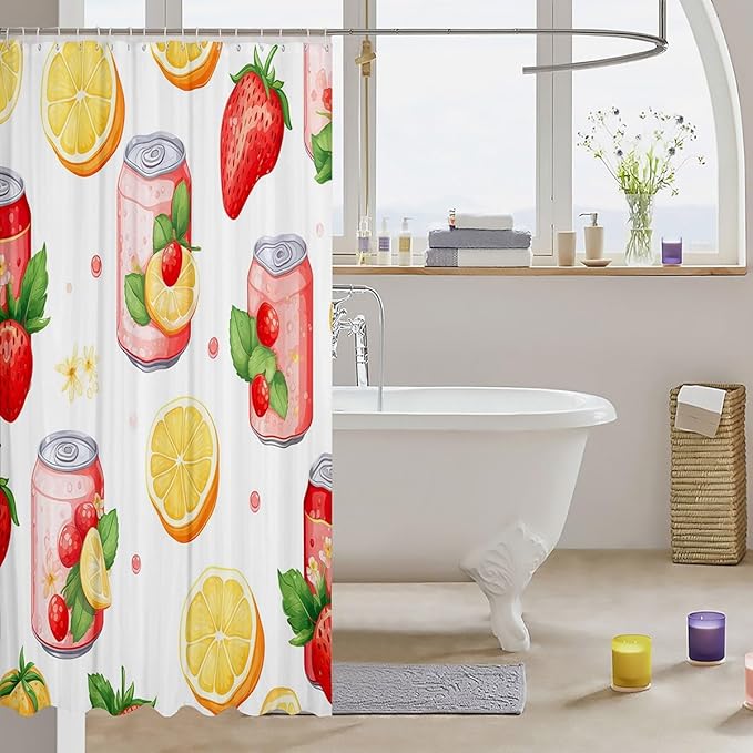 Feelyou Strawberry Shower Curtain Boys Girls Orange Fabric Shower Curtain for Kids Cherry Bathroom Waterproof Accessories with 12 Hooks Fruit Summer Theme Curtains,72x72 Inches