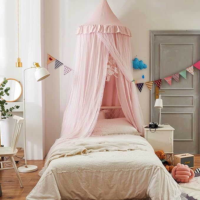 VETHIN Bed Canopy for Kids with Lights,Double Layer Princess Round Dome Children Dreamy Mosquito Net Bedding Girls Room Castle Play Tent Hanging House Decor Reading Nook Canopies(Beige Pink/White)