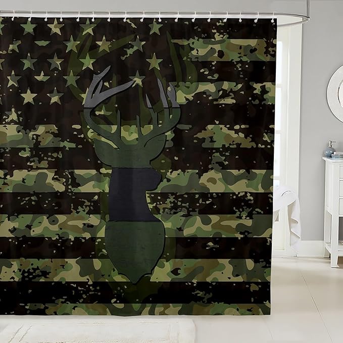 Feelyou Deer Bath Curtain Cute Deer Shower Curtain American Flag Bathroom Shower Curtain Set for Kids Toddler Boys Girls Deer Hunting Kids Bathroom Accessories 72"x72"