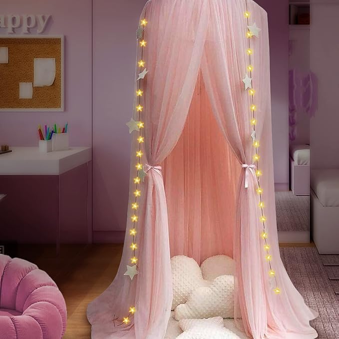 Bed Canopy Mosquito Net with Star Lights，Princess Play Canopy for Girls Room - Dome Net Curtains for Baby Game Dream Castle, Girls Room Decor, Pink