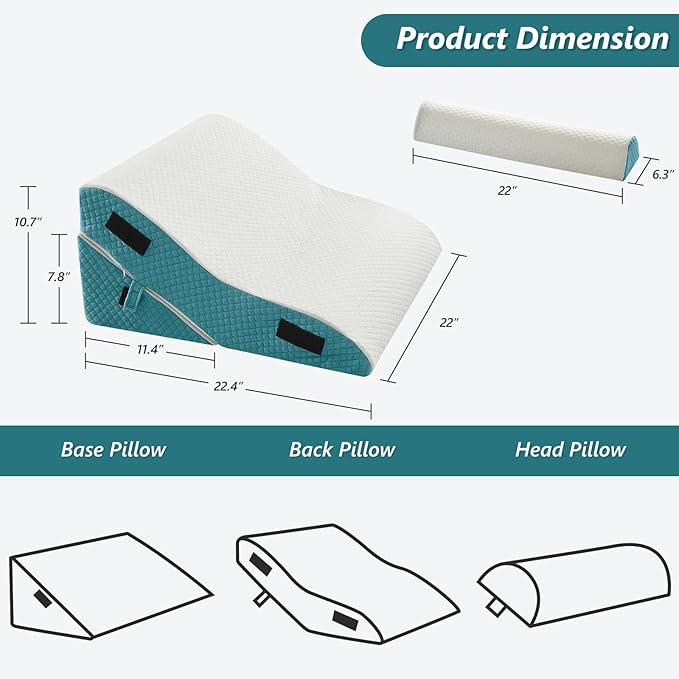 3 PCS Upgraded Bed Wedge Pillow for Sleeping - 35D Post Surgery Pillow for Back Leg Pain Relief - 22" Wide Adjustable Triangle Wedge Pillow Set for Acid Reflux & GERD & Snoring(white blue)