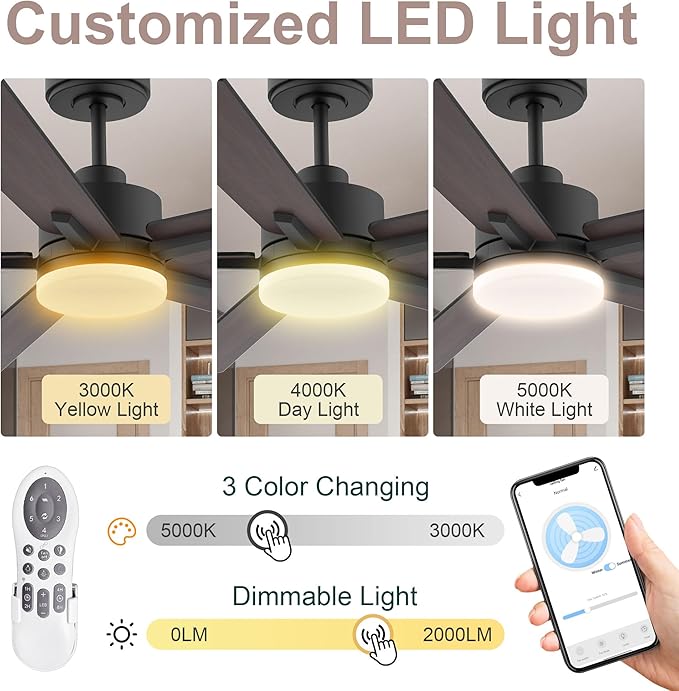 52” Smart Ceiling Fan with Lights Remote,Ultra Silent DC Motor,Control via Alexa Google Voice App Wifi,Outdoor Indoor Modern Ceiling Fans for Bedroom Patio Porch,Dimmable,Black Walnut Brown