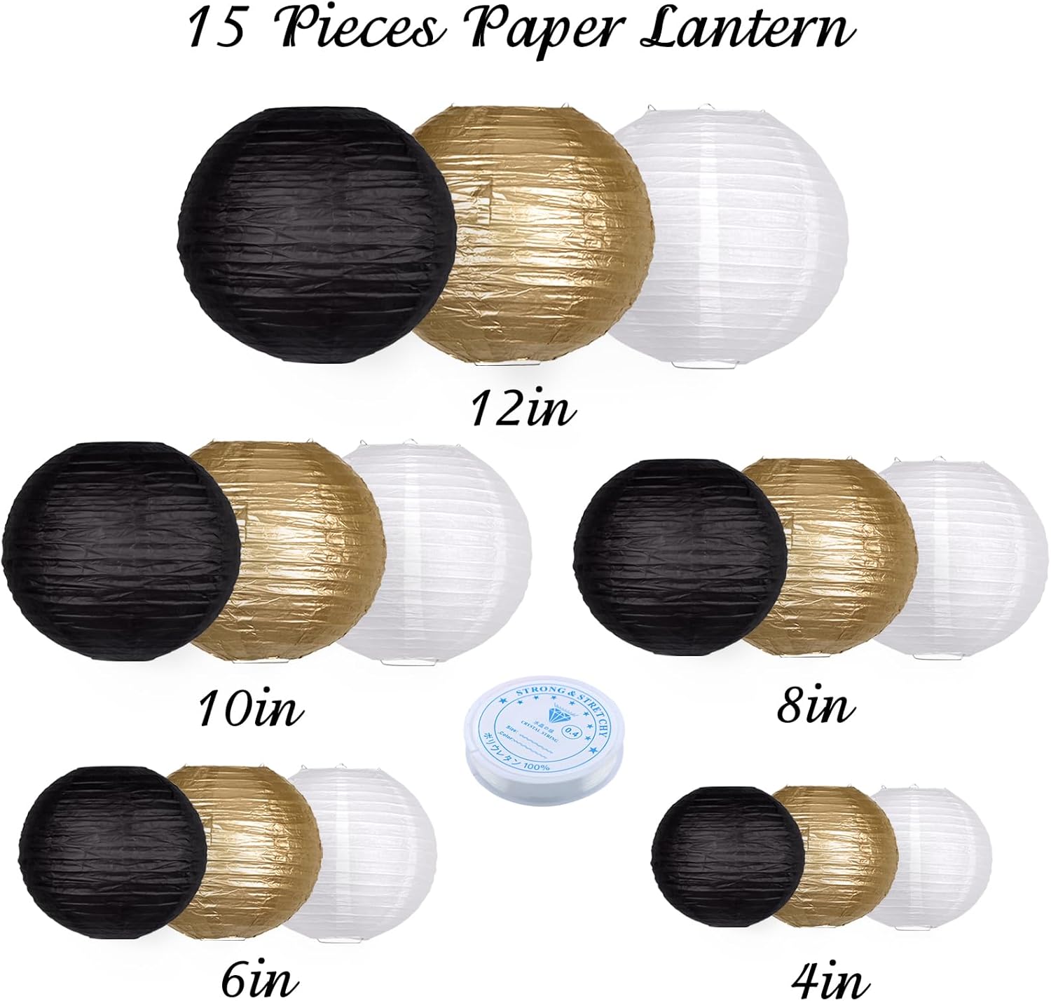 15pcs Paper Lanterns Black Gold Round Hanging Chinese Paper Lanterns 4" 6" 8" 10" 12" for Bachelorette Engagement Wedding Baby Bridal Birthday Party Decorations