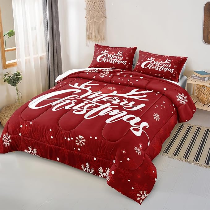 Bedbay Merry Christmas Comforter Set Christmas Bedding Queen Size Red Xmas Elk Snowflakes Printed Soft Microfiber Lightweight Fluffy Comforter Set for Boys Girls(Red,Queen)