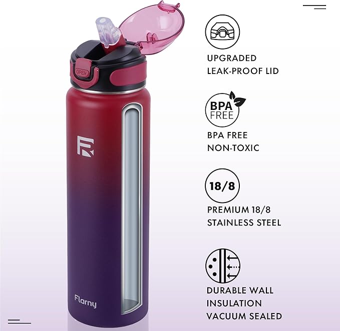 32 oz Insulated Water Bottle with Straw, Stainless Steel Metal Thermos Bottles, Durable Non-Slip Gradient Bottle with Strap for Sports and Travel, Leak Proof (Red Blue)