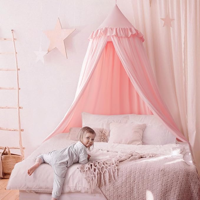 Bed Canopy Drapes, Double Layer Canopies Netting Tent for Bed, Princess Fairy Bed Canopy with String Lights for Girls, Adults, Canopy Bed Curtains Mosquito Net, Pink, 27''x108''