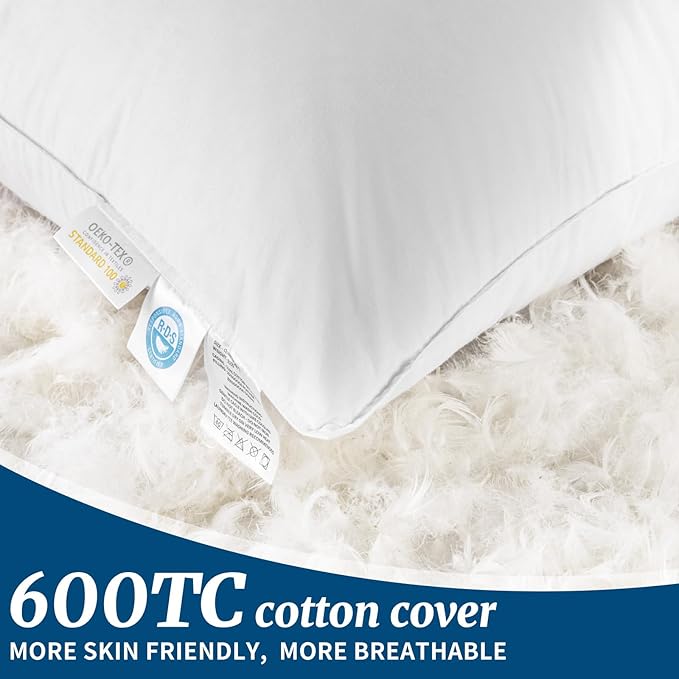 Canadian Luxury Goose Down Pillow King Size - 1050 Fill Power, 600 TC Cotton Shell- Ultra Soft and Comfort Sleep Pillows - Bed Pillows for Back, Stomach, Side Sleeper(White,King(Pack of 2))