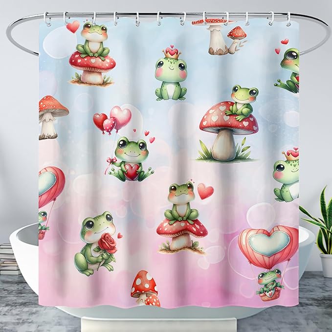 AILONEN Cartoon Frog Shower Curtain,Green Frog with Red Mushroom Roses Bathroom Curtain for Kids Boys Girls,Kawaii Amphibian Animal Waterproof Fabric Shower Curtains for Bathroom,72" W*84" H
