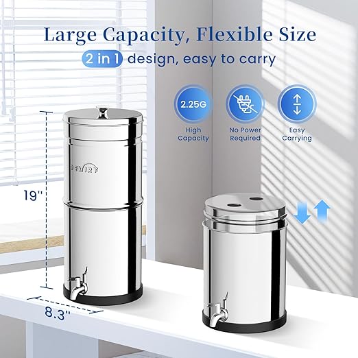 2.25G Gravity Water Filter System, NSF/ANSI 42&372 Standard, 304 Stainless Steel Countertop System with 2 Carbon Filters, Reduce 99% Chlorine and Lead