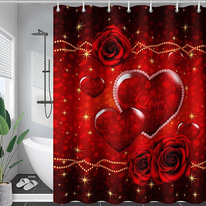AILONEN Red Hearts Rose Shower Curtain for Bathroom Decor, Romantic Flower Bathroom Curtain 60" W*72" H,Valentine Bath Curtain Polyester Waterproof Shower Curtain with 12 Hooks