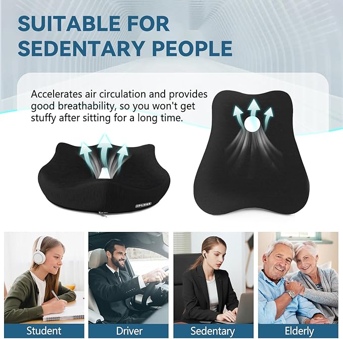 Seat Cushion & Lumbar Support Pillow Set for Office Chair, Ergonomic Pillow for Sciatica Pain Relief, Memory Foam Back Support Pillow & Chair Cushion for Gaming Chair and Travel (Black)