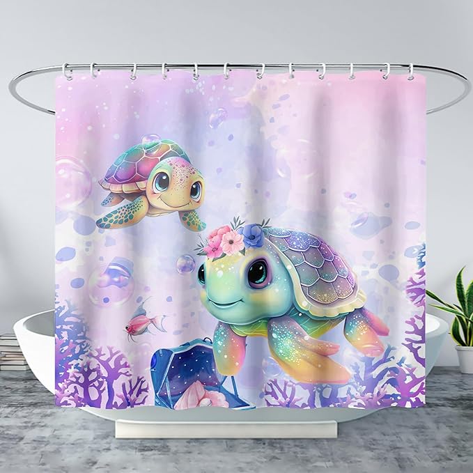 AILONEN Kawaii Sea Turtle Shower Curtain,Tie Die Ocean Animal Themed Bath Curtain Cloth Fabric Bathroom 36" W*72" H Inch,12 Pack Hooks for Kids,Sea Animal with Treasure Box Bathroom Curtain