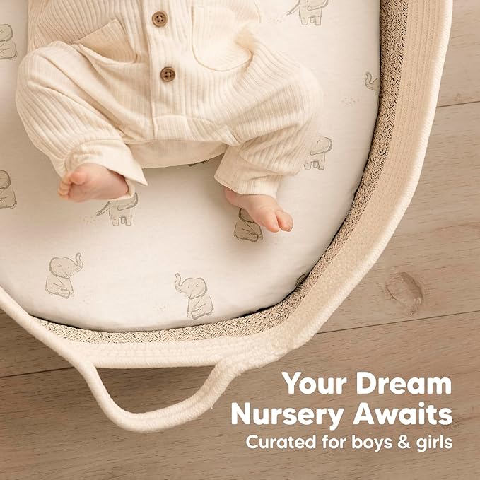 2-Pack Organic Bassinet Sheets for Girls, Boys-100% Cotton Bassinet Mattress Sheets Compatible with Halo Bassinest Swivel Sleeper,Graco,Baby Delight,Chicco,Unisex Fitted Bassinet Sheets (Nibble/Bruce)