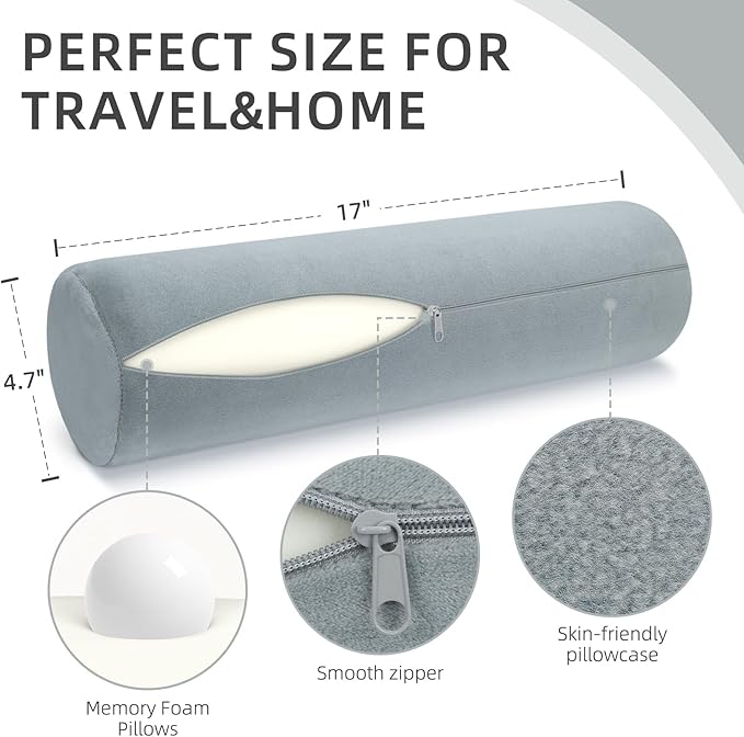 Cervical Neck Pillow Roll Memory Foam Support Round Pillows for Pain Relief Sleeping, Bed, Legs, Back and Yoga Grey 17 x 4.5 Inches
