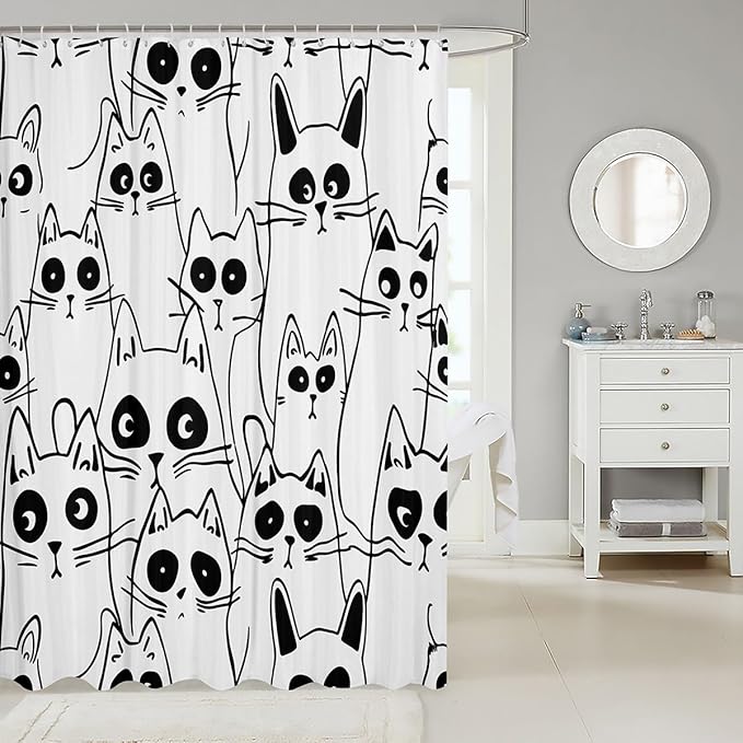 Feelyou Cat Bathroom Shower Curtain Set Cute Cat Bath Curtain for Kids Boys Girls Cartoon Cat Shower Curtain Kids Cat Kids Bathroom Accessories 72"x84"