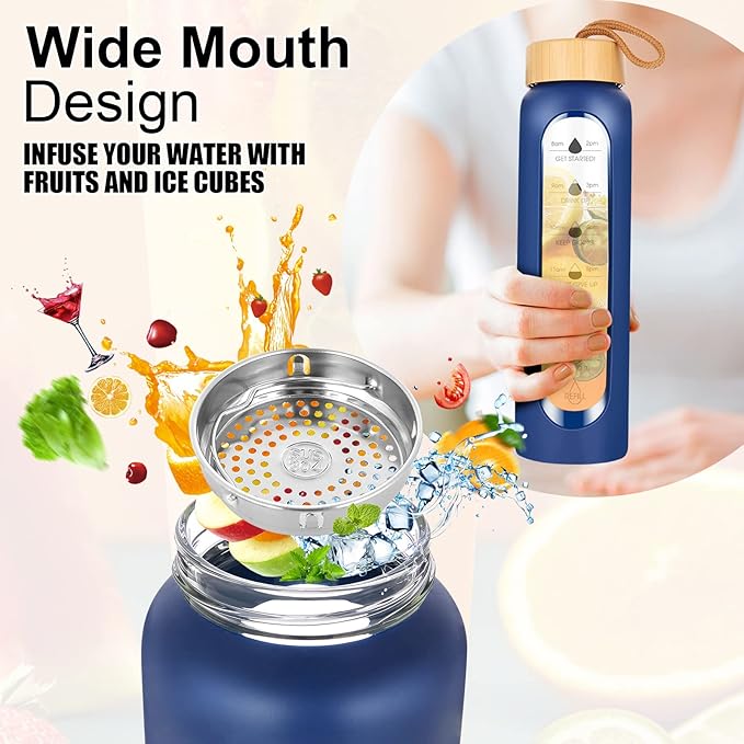 32 Oz Borosilicate Glass Water Bottle with Times to Drink | BPA Free - Reusable Wide Mouth Glass Motivational Water Bottles with Infuser & Silicone Sleeve (dark blue)