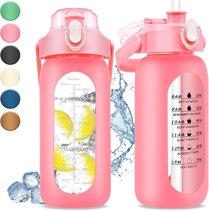 32 oz Glass Water Bottle with Time Marker - 1000ml Large Sports Motivational Water Bottles with Handle & Silicone Case, 1 Liter Leak-proof Measured Drinking Bottle for Gym Fitness Workout (Pink)