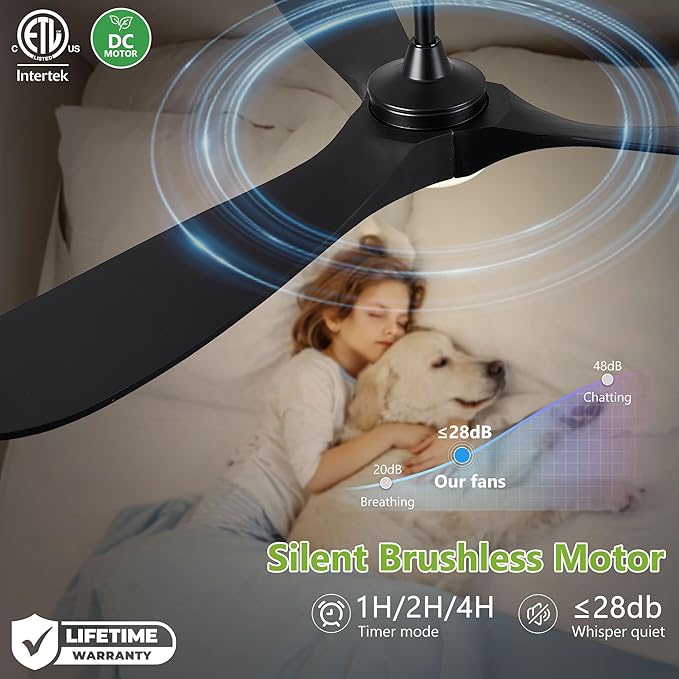 72 Inch Wood Ceiling Fans with Lights and Remote Control, Outdoor Ceiling Fan with Light Solid Wood Modern Black Large Ceiling Fans Propeller Indoor Patios Garage Bedroom High cfm, Matte Black