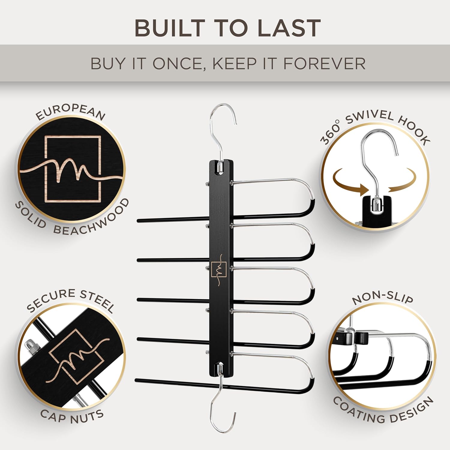 MORALVE Pants Hangers Space Saving - European Beechwood Scarf and Jean Hangers - Closet Organizer and Space Saver Pant Rack, Leggings Hanger, and Scarf Holder with 360° Swivel Hook (1 Pack)