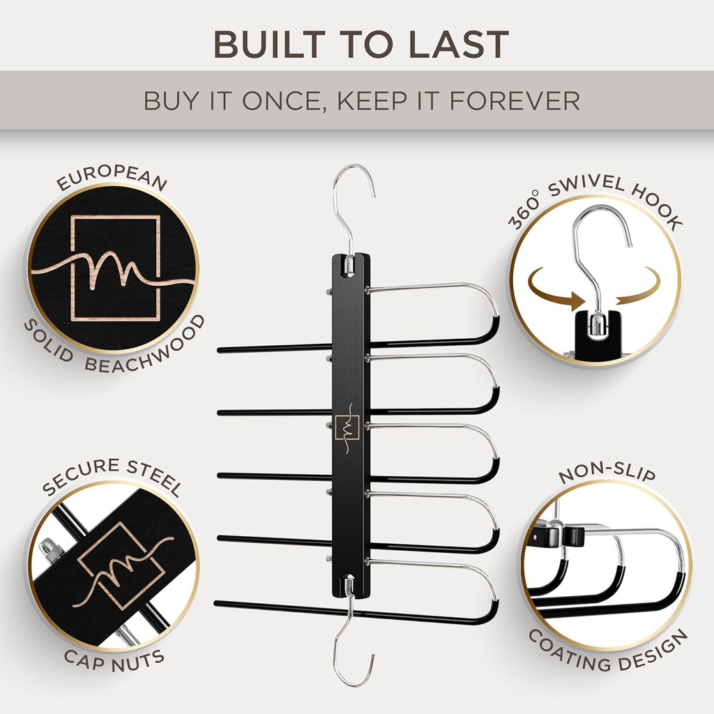 MORALVE Pants Hangers Space Saving - 2 Pack European Beechwood Scarf and Jean Hangers - Closet Organizer and Space Saver Pant Rack, Leggings Hanger, and Scarf Holder with 360° Swivel Hook