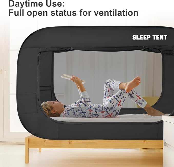 BORNA Bed Canopy Bed Tent Dream Tents Autism Shelter Cabin Indoor Sleeping Tents Privacy Warm Breathable Pop Up Twin Size Double Door with Mosquito Mesh Window for Kids and Adult (Black)