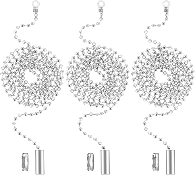 3 Pack Pull Chain String Extension Ceiling Fan Pull Chain Stainless Steel Switch Chain Extender wif Connector, for Ceiling Fan Light Fixture Light Bulb,1 Meter Length(Silver)