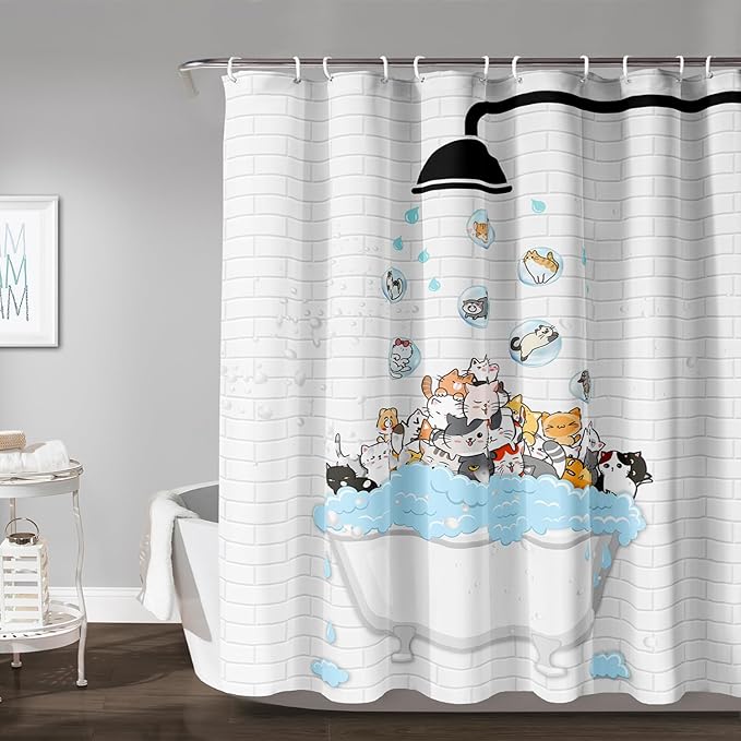 AILONEN Cute Cats Shower Curtain Raining for Kids 72" W*96" H Inch,Kawaii Hilarious Pet Playing Water Shower Curtain,12 Pack Hooks Polyester Waterproof Fabric Decor for Bathroom Bathtub Panels
