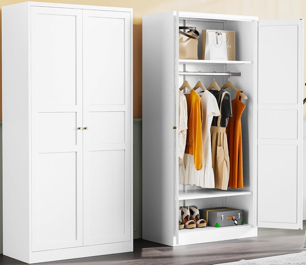 Metal Wardrobe Cabinet with Hanging Rod,White Armoire Wardrobe Closet,Metal Clothing Storage Cabinet with Adjustable Shelves and Doors,72" Wardrobes Storage Cabinet for Home,Living/Laundry Room