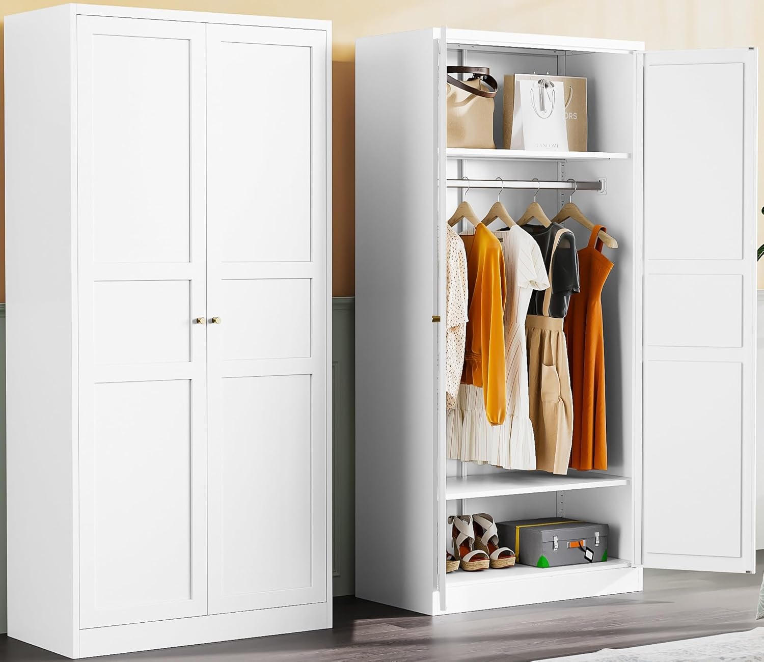 Metal Wardrobe Cabinet with Hanging Rod,White Armoire Wardrobe Closet,Metal Clothing Storage Cabinet with Adjustable Shelves and Doors,72" Wardrobes Storage Cabinet for Home,Living/Laundry Room