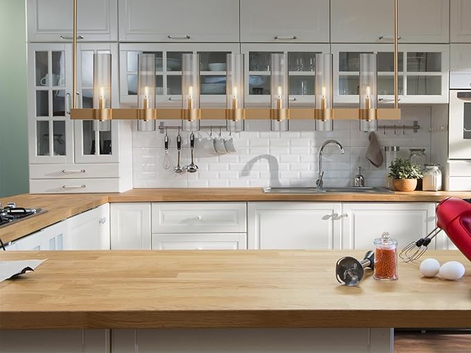 Brass Kitchen Island Lighting- 7-Light Linear Chandelier, Adjustable 47'' Modern Farmhouse Rectangle Pendant Light Fixtures, Dining Room, Bedroom