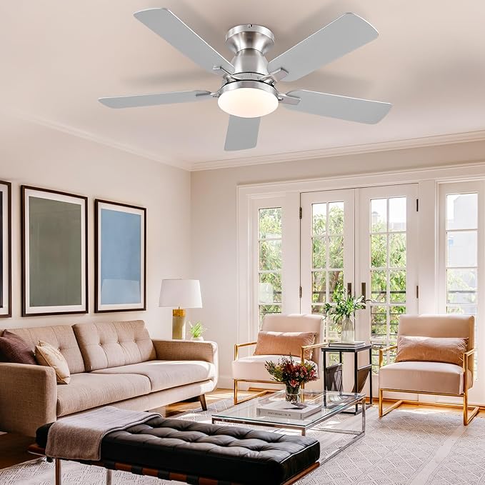 Ceiling Fans with Lights and Remote/APP Control,46" Flush Mount Ceiling Fan Dimmable DC Motor，Low Profile Ceiling Fan for Bedroom,Living Room,Brushed Nickel