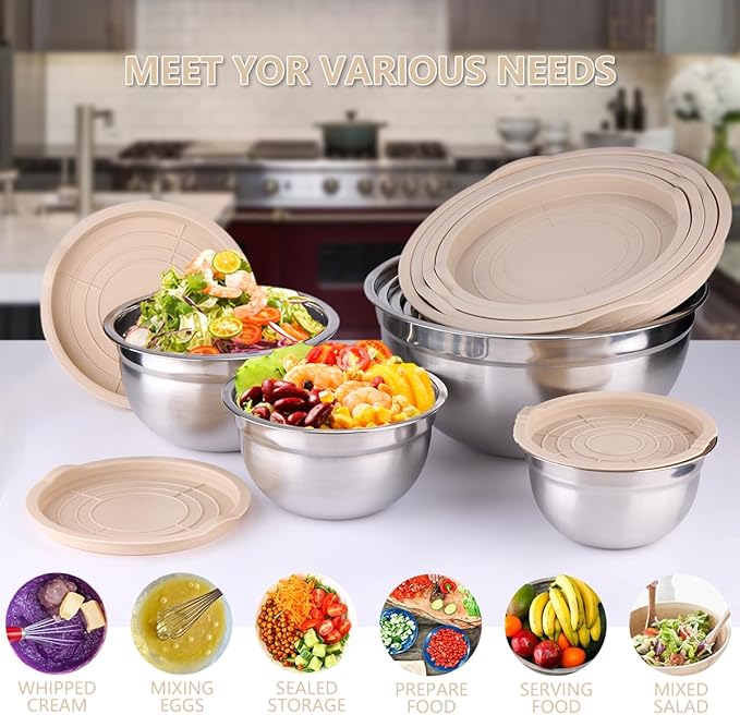 Mixing Bowls with Lids set - 26 PCS Stainless Steel Nesting Khaki Mixing Bowls Set for Baking,Mixing,Serving & Prepping,Size 5, 3.7, 2.8, 2.3, 1.7, 1.1, 0.7QT,12 Cooking Utensils