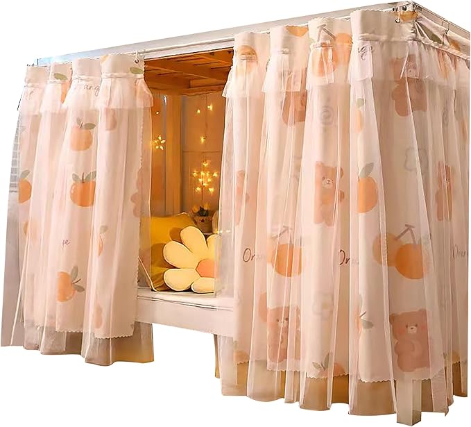 Beautiful Gauze Bunk Bed Curtains Drapes with Lace Privacy Bed Canopy for Bottom, 2 Panels, Orangebear